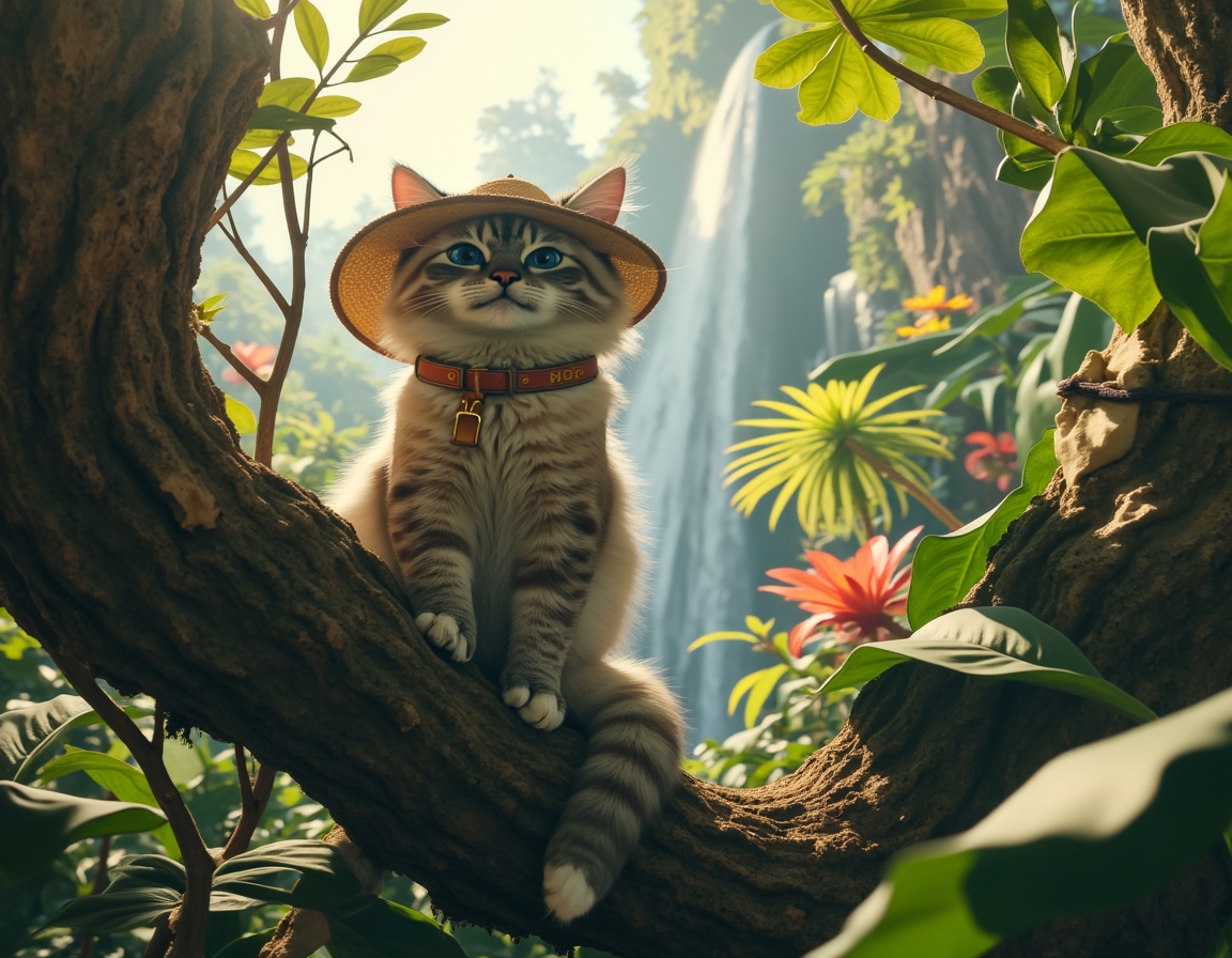 Cat wearing an explorer’s hat climbs a tree in a lush jungle. Waterfalls and dense greenery surround the scene, with sunlight filtering through the canopy.